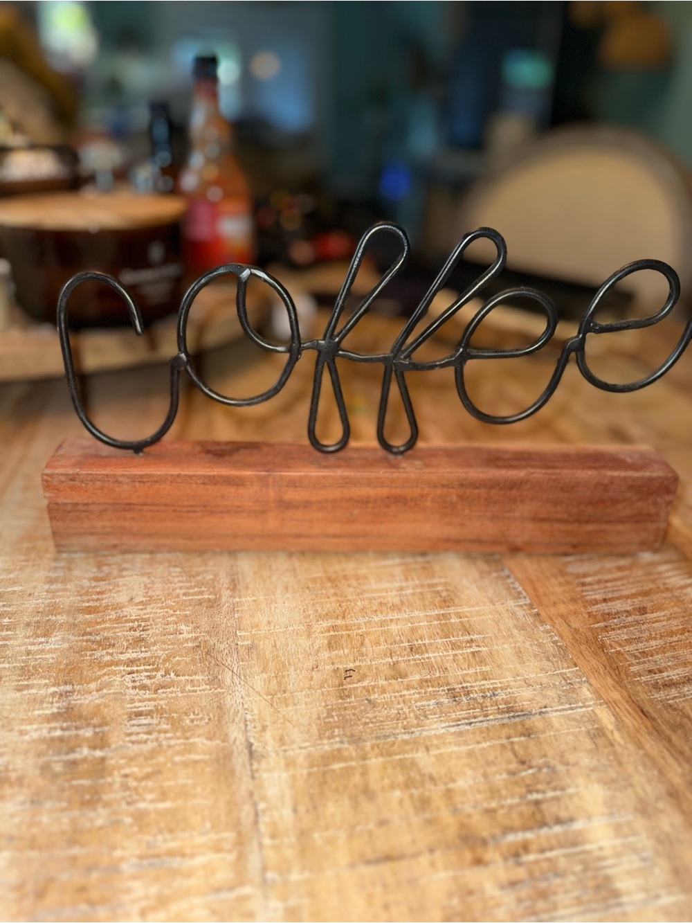 Rustic 'Coffee' Wire Table Sign on Wood Base - Black